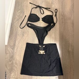 3pc Black Sparkle Bikini Set with Gold Accent